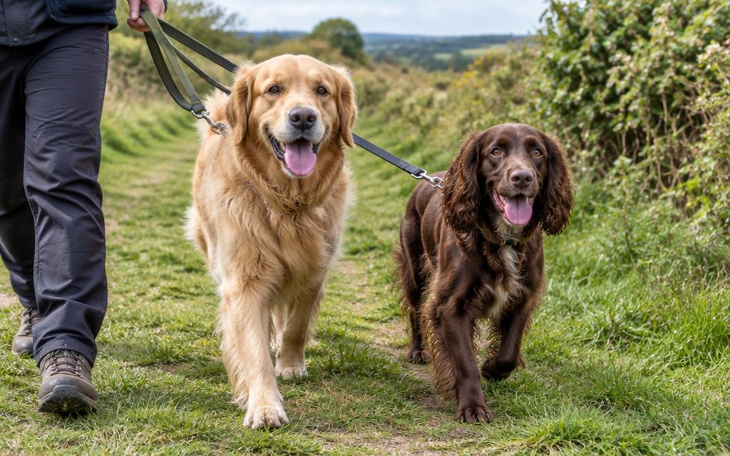 Golden retriever and spaniel on leads on a countryside footpath
