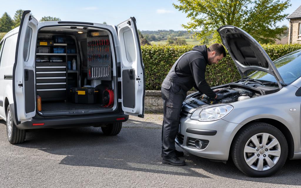 Mobile mechanic checking a car beside a van equipped with tools